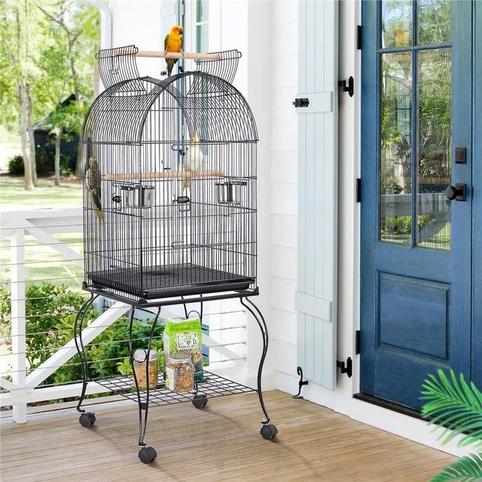 Large Dome Open Play Top Parrot Birds Rolling Stand Cage