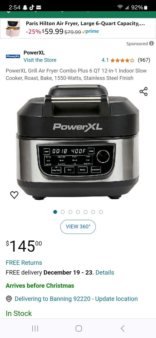 PowerXL Grill Air Fryer Combo Plus 6 QT 12-in-1 Indoor Slow Cooker, Roast, Bake, 1550-Watts, Stainless Steel Finish