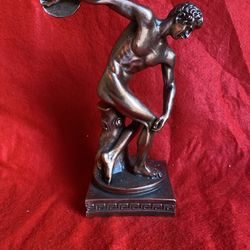 Vintage 8.5 Inch x 3.5 Inch Copper Plated Alabaster Greek Disc Thrower Statue Imported From Greece