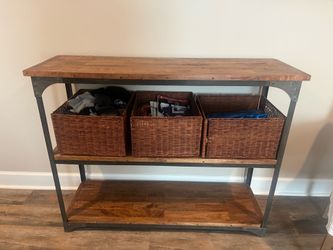 Wood/ metal shelving with 3 baskets