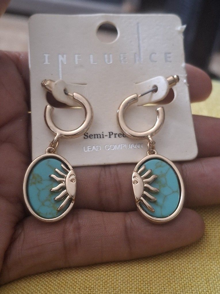 Turquoise Stone Moon Dangling Earrings 