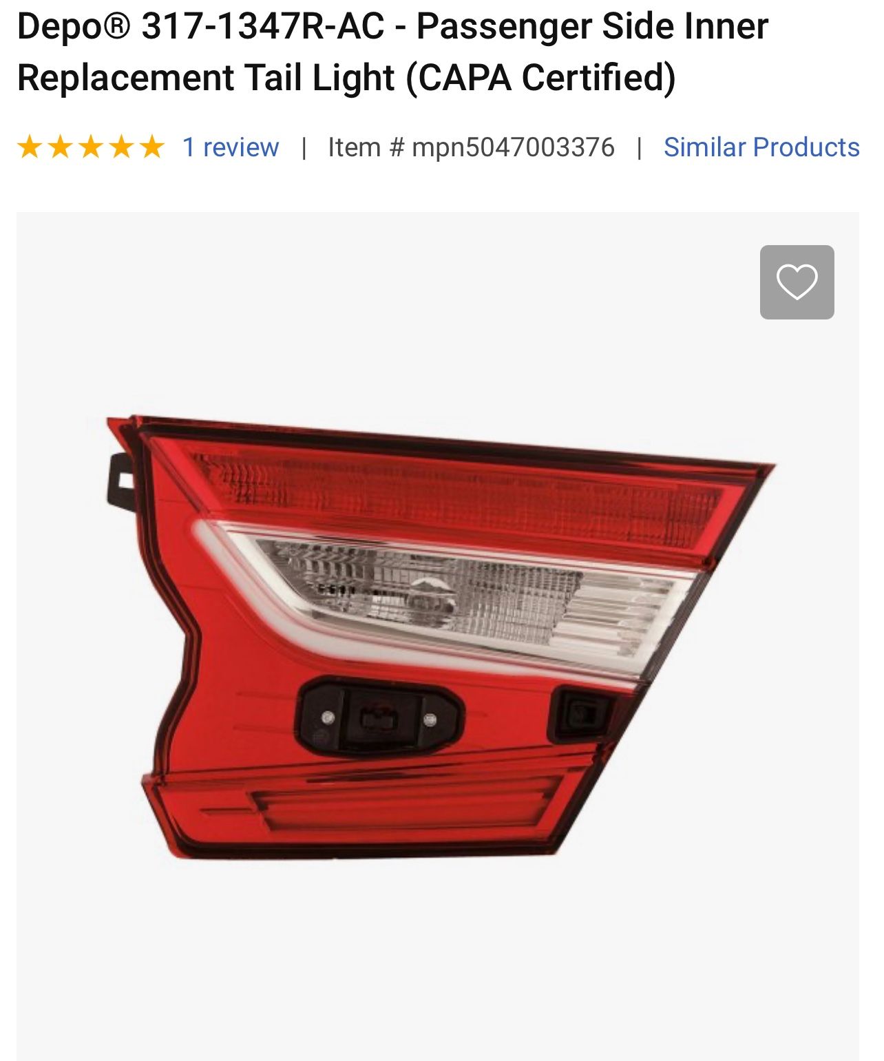 Depo® (contact info removed)R-AC - Passenger Side Inner Replacement Tail Light (CAPA Certified)
