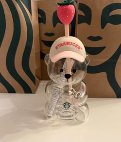 2026 Starbucks Bearista Pink Bear Glass Tumbler Cold Cup Straw