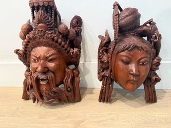 Vintage Hand-Carved Hardwood Asian Emperor & Deity Wall Masks (Matched Pair)