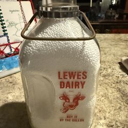 Vintage Lewes Dairy Milk Bottle – $80 (Firm)  Rare Lewes Dairy gallon glass milk bottle from Lewes, Delaware, complete with original red paper cap and