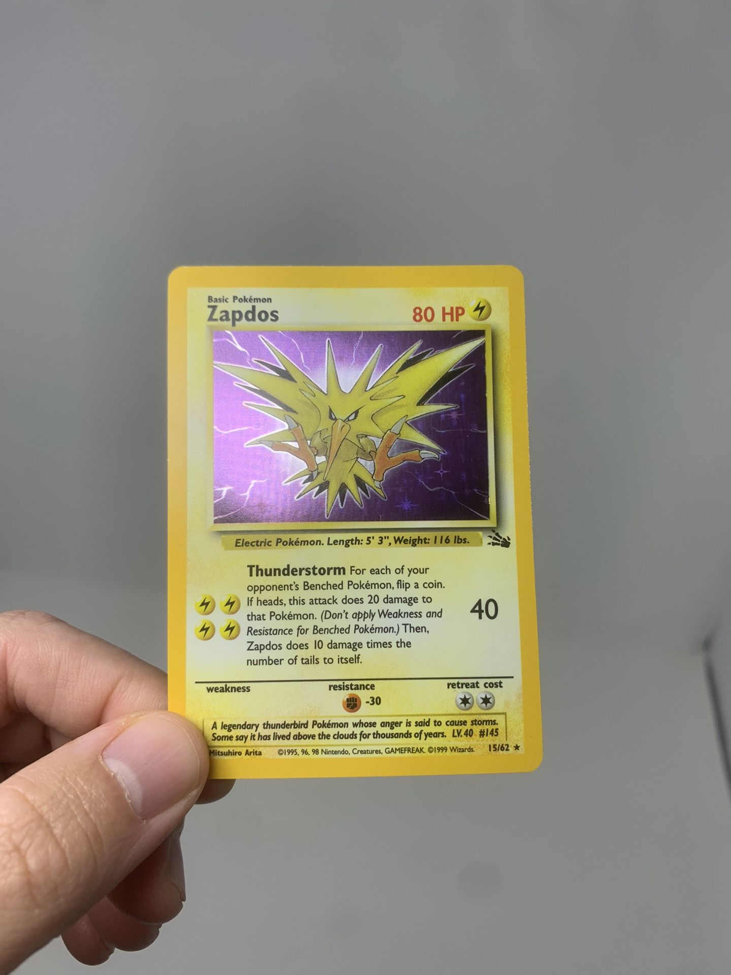 Zapdos 15/62 Fossil Holo Rare Mint/NM 1999 WOTC Pokémon Card Legendary Bird