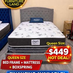 Queen Bed Set ONLY $449! (Frame + Mattress + Boxspring)”