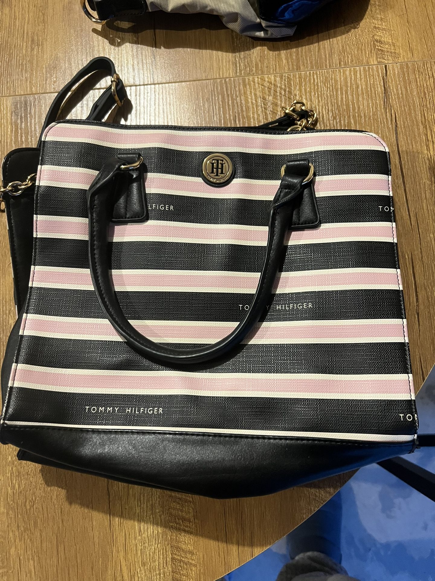 Tommy Hilfiger - Pink White & Black Striped Handbag - Purse, Tote, Shoulder Bag