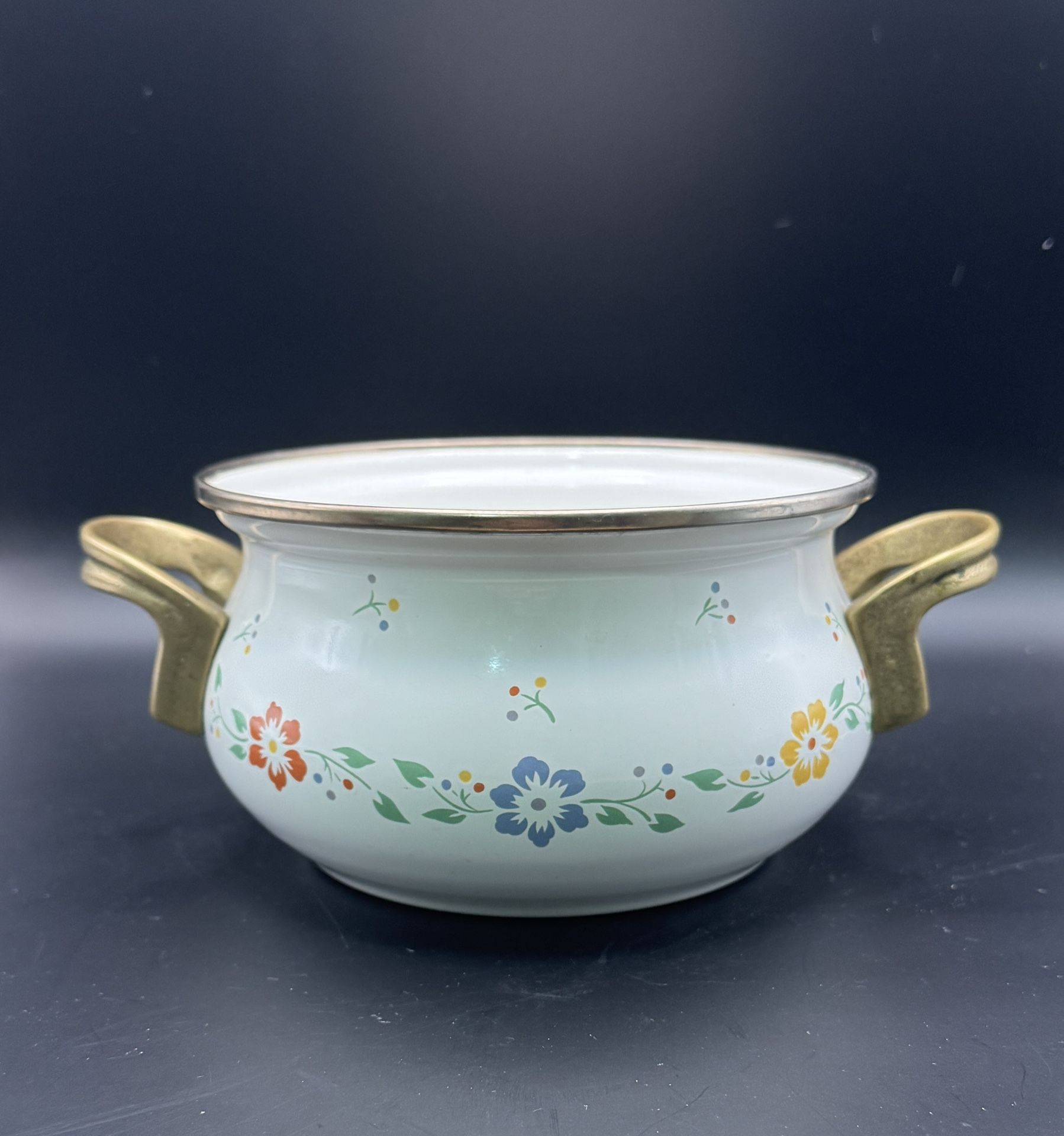 Vintage M. Kamenstein Floral Enamelware Pot With Brass Handles