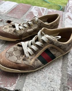 Gucci Brown Monogram Low Top Sneaker Green and Red Stripe