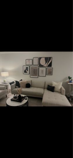 Living Spaces beige sofa with chaise and matching chair