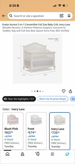 Evolur Aurora 5-in-1 Convertible Baby Crib – Ivory Lace