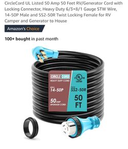 CircleCord UL Listed 50 Amp 50 Feet RV/Generator Cord with Locking Connector, Heavy Duty 6/3+8/1 Gauge STW Wire, 14-50P Male and SS2-50R Twist Locking