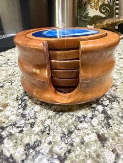 Vintage Sliced Agate Coasters with Wood Edge Bumper Set of 6 Natural Edge 3.5 inch