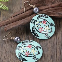 🐢 New! Ocean Sea Turtle Floral Hawaiian Style Dangle Earrings w Gift Bag