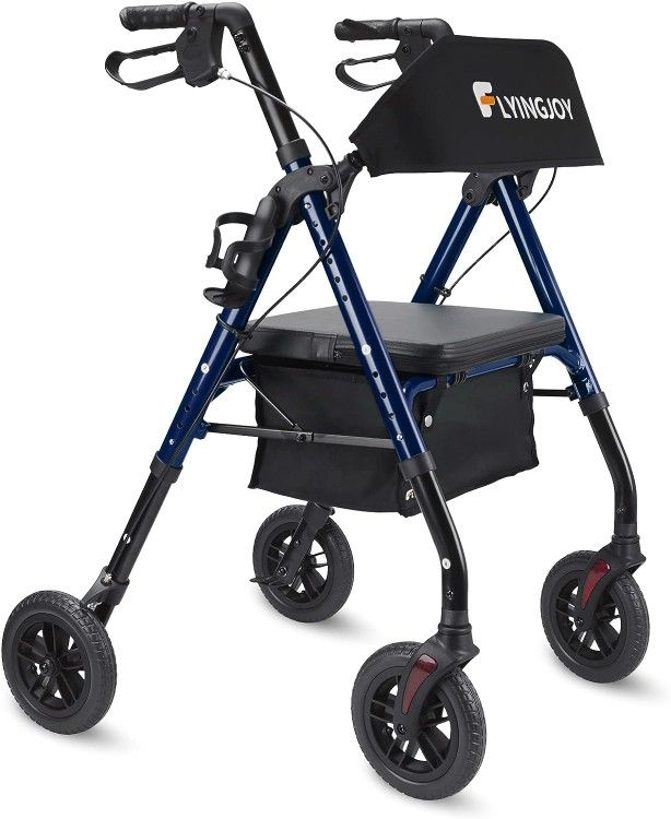 FlyingJoy Folding Rollator Walker with Seat and Extra Wide Backrest, Rollators with All Terrain Large 8-inch Wheels for Seniors, Rolling Walkers with