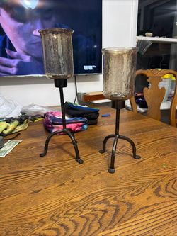 Pair of 2 Rustric Wrought Iron Hurricane Candle Holders