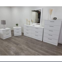 White Dresser With Mirror,  Chest And Two Nightstands 
