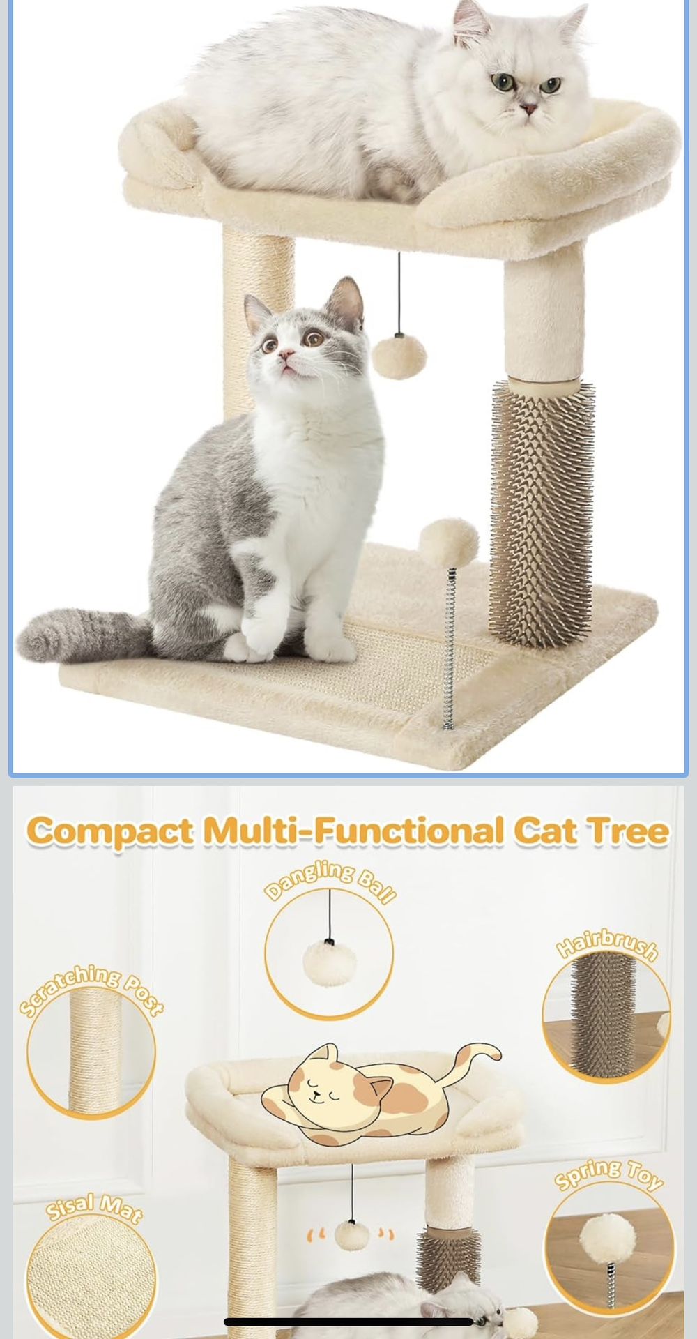 Made4Pets Small Cat Tree Tower, Cat Scratching Post 4-in-1 with Cat Self Groomer Brush, 20" Tall