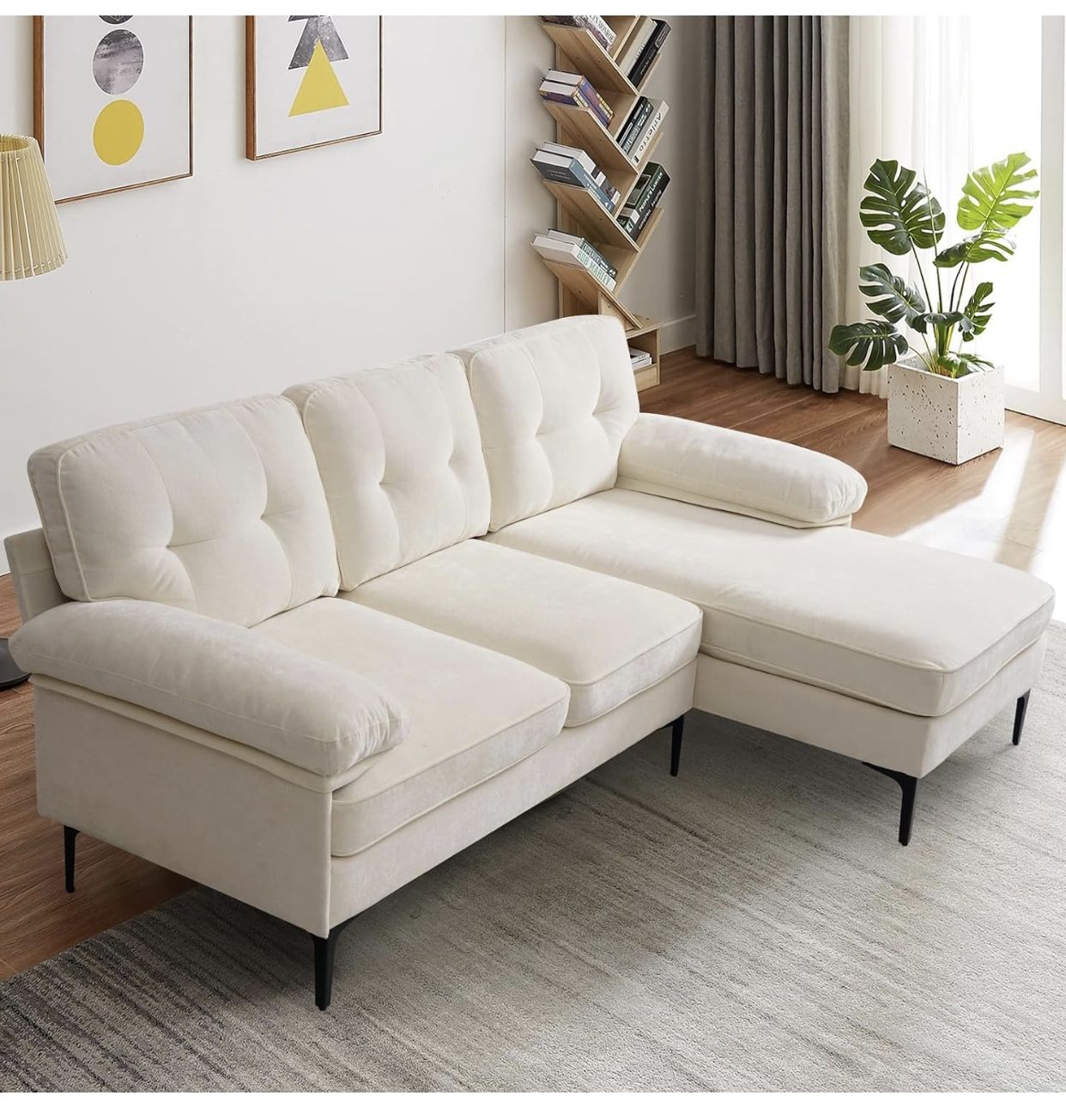 New in box White Small Sectional Convertible Sofa Couch, Modern Chenille Fabric L- shaped Couch