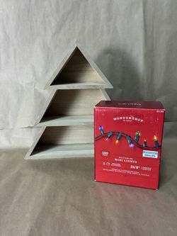 Wooden Christmas Tree Shelf & Multicolor Mini Lights Set