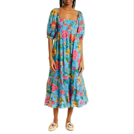 FARM RIO TOUCANS GARDEN MIDI DRESS IN BLUE Womens Small
