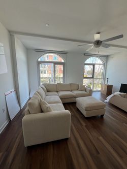New 99x99 Cream Corduroy Sectional Sofa with Ottoman