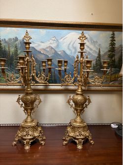 Pair of Italian ornate brass 5 arm candelabra 26”H