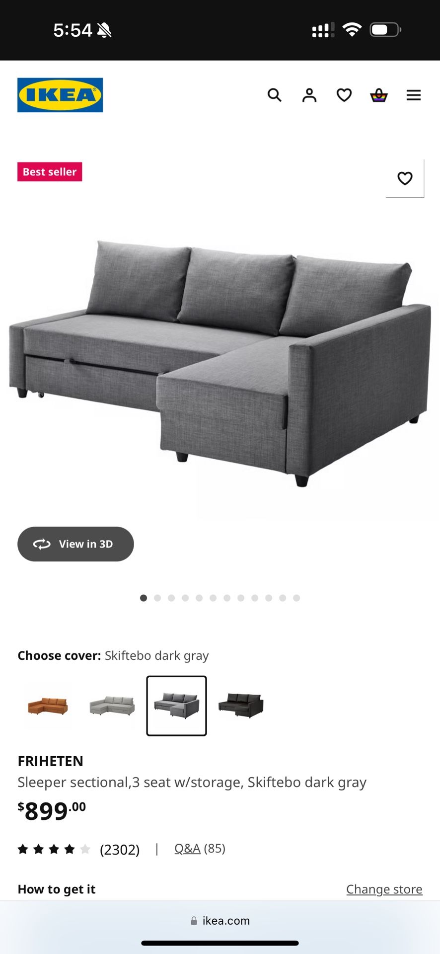 FRIHETEN Sleeper sectional,3 seat w/storage, Skiftebo dark gray