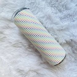 White with rainbow Rhinestone 20 oz tumbler w/ lid and straw