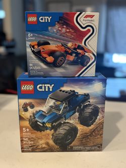 LEGO CITY Lot of 2 New 60442 F1 Driver Mclaren Race Car 60402 Blue Monster Truck
