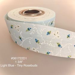 5 Yds of 1 3/8” Vintage Cotton Ribbon Blue W/Tiny Rosebuds #061722D1