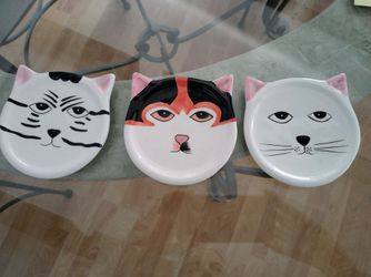 Set Of 3 Ceramic Cat Face Trinket Plates