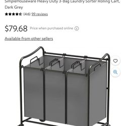 New Three Compartment Rolling Laundry, Sorter With Metal Frame