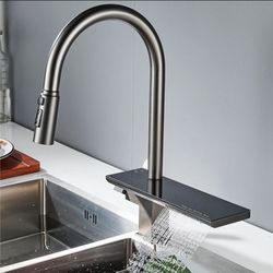 New Pull Out Kitchen Mixer Faucet, Kitchen Faucet with Pull Out Spray Waterfall Shower Brass Hot and Cold Water Swivel Kitchen Sink Mixer Faucet Gray
