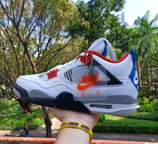 Jordan Air Jordan 4 Retro Synthetic Leather Mandarin Ducks Shock Absorbing Mid-Top Basketball Shoes Red Blue Unisex Size Complete