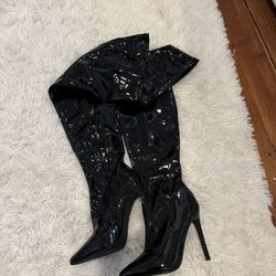 Thigh High Black Leather Boots 