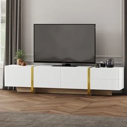 NEW White 75 in. Fluted TV Stand Fits TVs up to 89 in. with Storage Cabinets and 2 Drawers