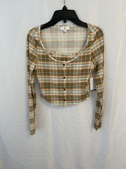 BP. Crop Rib Cardigan & Camisole Set In Beige- Coral Fran Plaid Size XS NEW