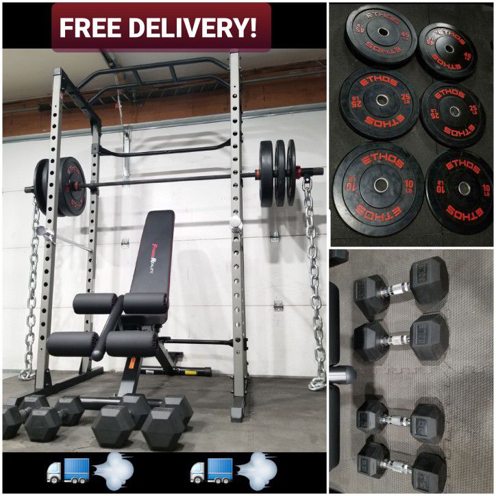 COMPLETE HOME GYM: SQUAT RACK + ADJUSTABLE BENCH + OLYMPIC BARBELL + OLYMPIC BUMPER PLATES + DUMBBELLS + FREE DELIVERY 