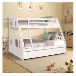 Brand New TOPMAX Solid Wood Twin Over Full Bunk Bed with Two Storage Drawers, White