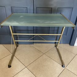 Desk - Simple Metal Base, Gold Tone, Tempered Glass Top 3 Ft Wide By 2 Feet Deep