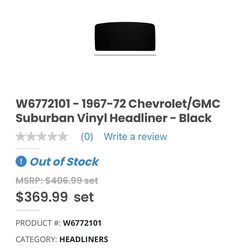 NEW W(contact info removed)  OER1967-72 Chevrolet/GMC Suburban Vinyl Headliner - Black