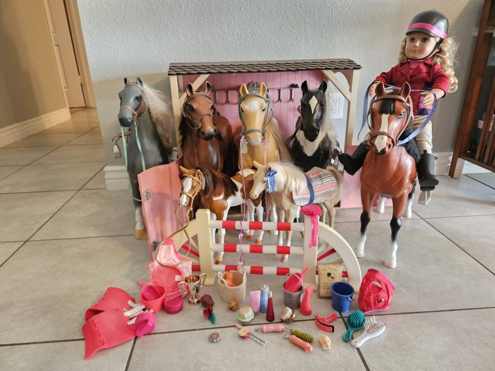 Our Generation Horse Stable, 5 Horses, 2 Foals, And One Doll