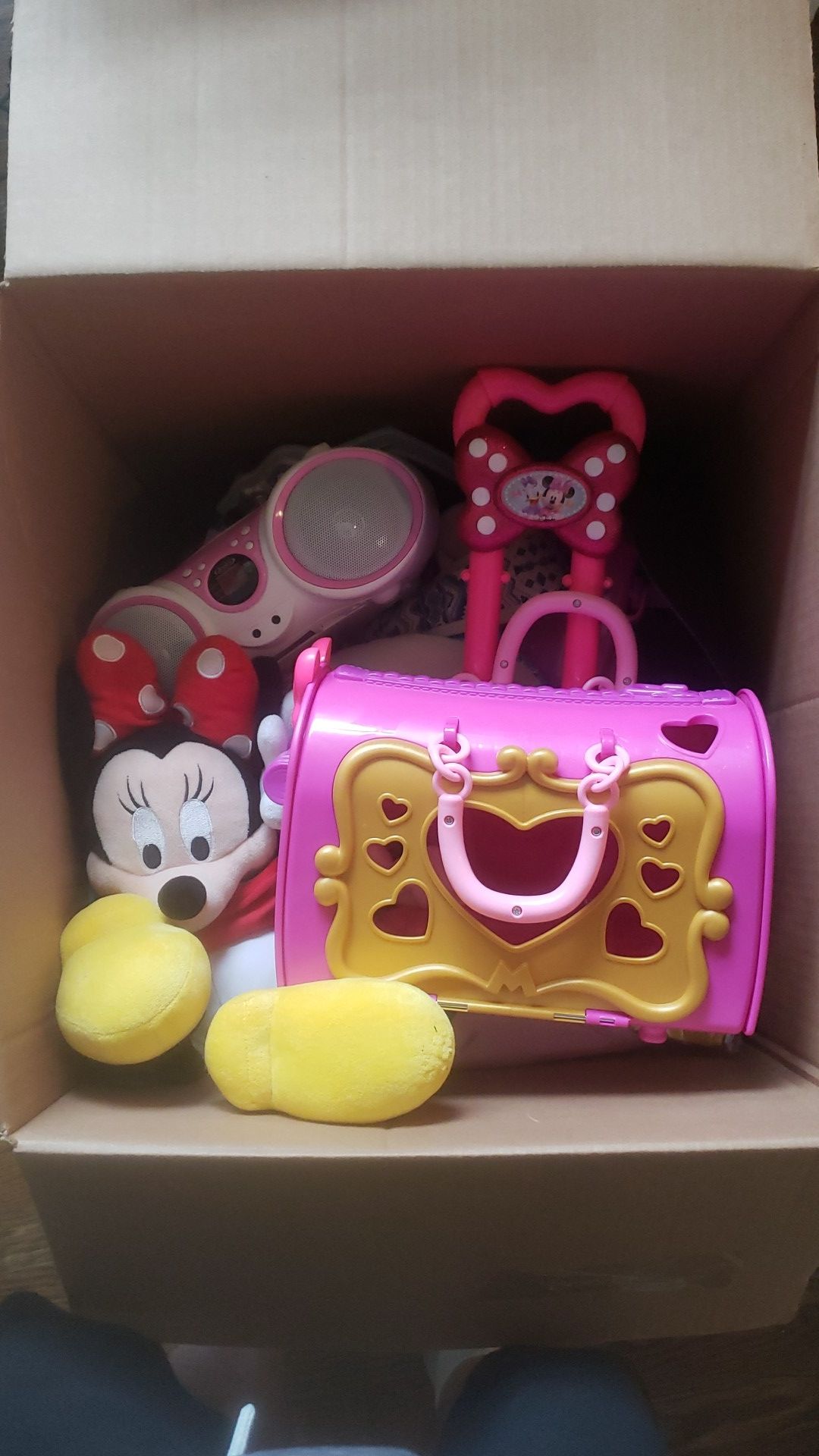 box of misc girls toys, Jensen, disney, hello kitty