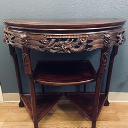 Vintage Oriental Chinese Carved Hardwood Demilune Console Table