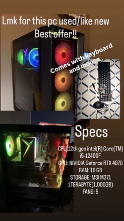Gaming PC - RTX 4070 / Intel i5-12400F / 16GB RAM / 1TB SSD + Keyboard & Mouse