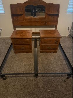 Queen size bed frame, headboard and 2 night stands