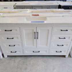 Single Sink Bathroom Vanity “60” in White Color with Black Handles and Marble Top in White  $849 