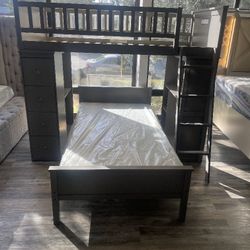 Twin loft bunk bed with shelves & drawers.  Available in grey & white. Assembly required.  Assembly not included.  Tax included.  Free local delivery.